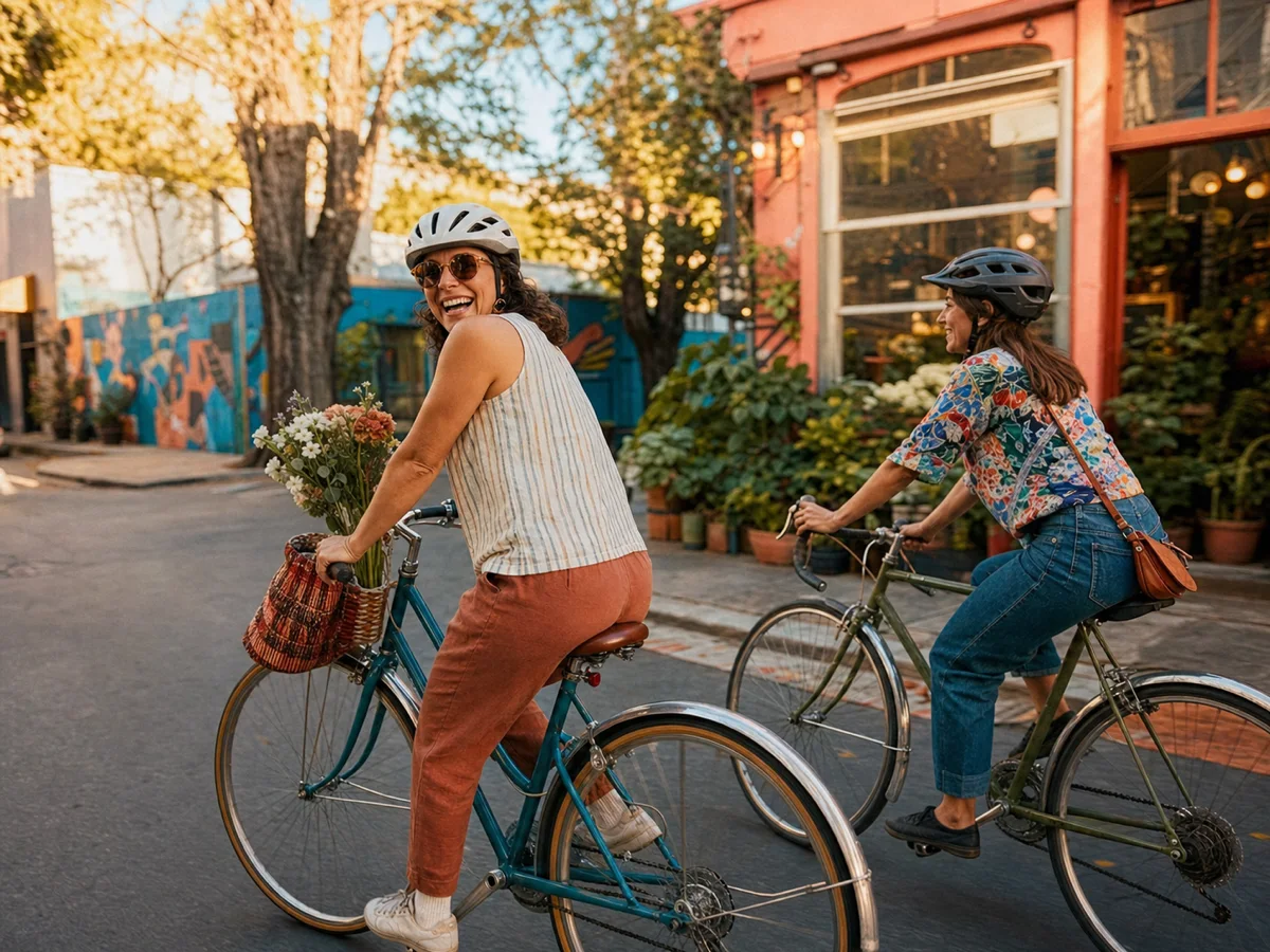 Two friends riding bicycles through a colorful neighborhood at golden hour