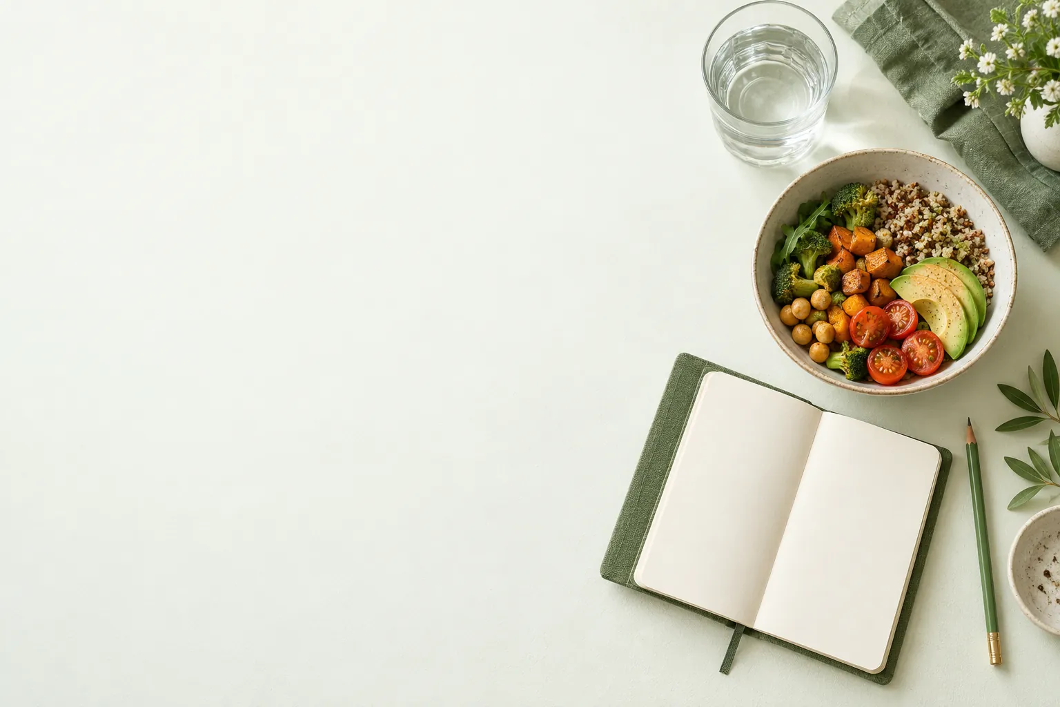 A bowl of vegetables and grains beside a glass of water and an open notebook.